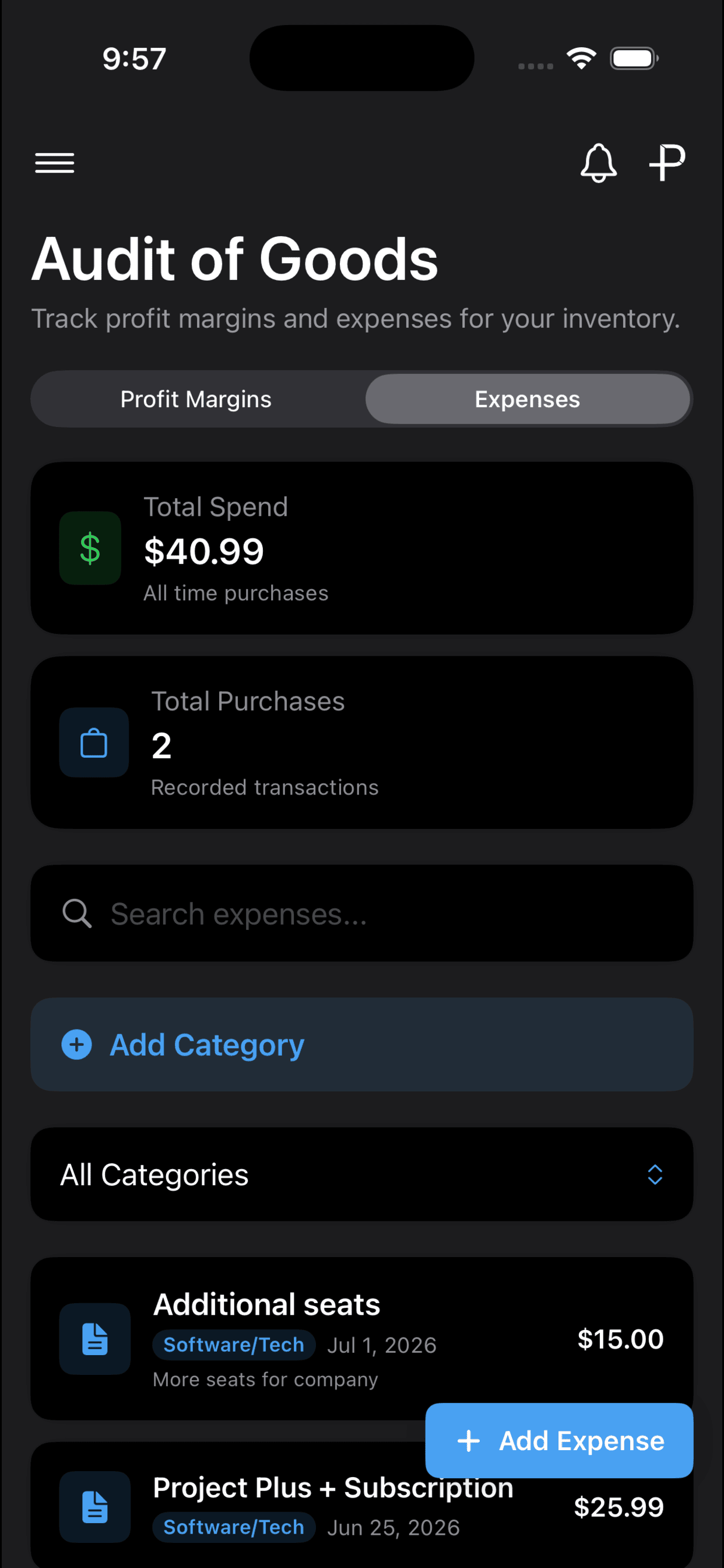 Expense tracking screen