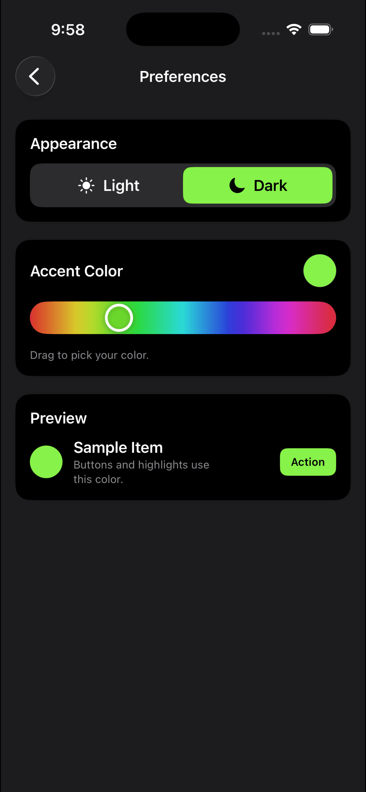Preferences screen with light/dark mode and accent color