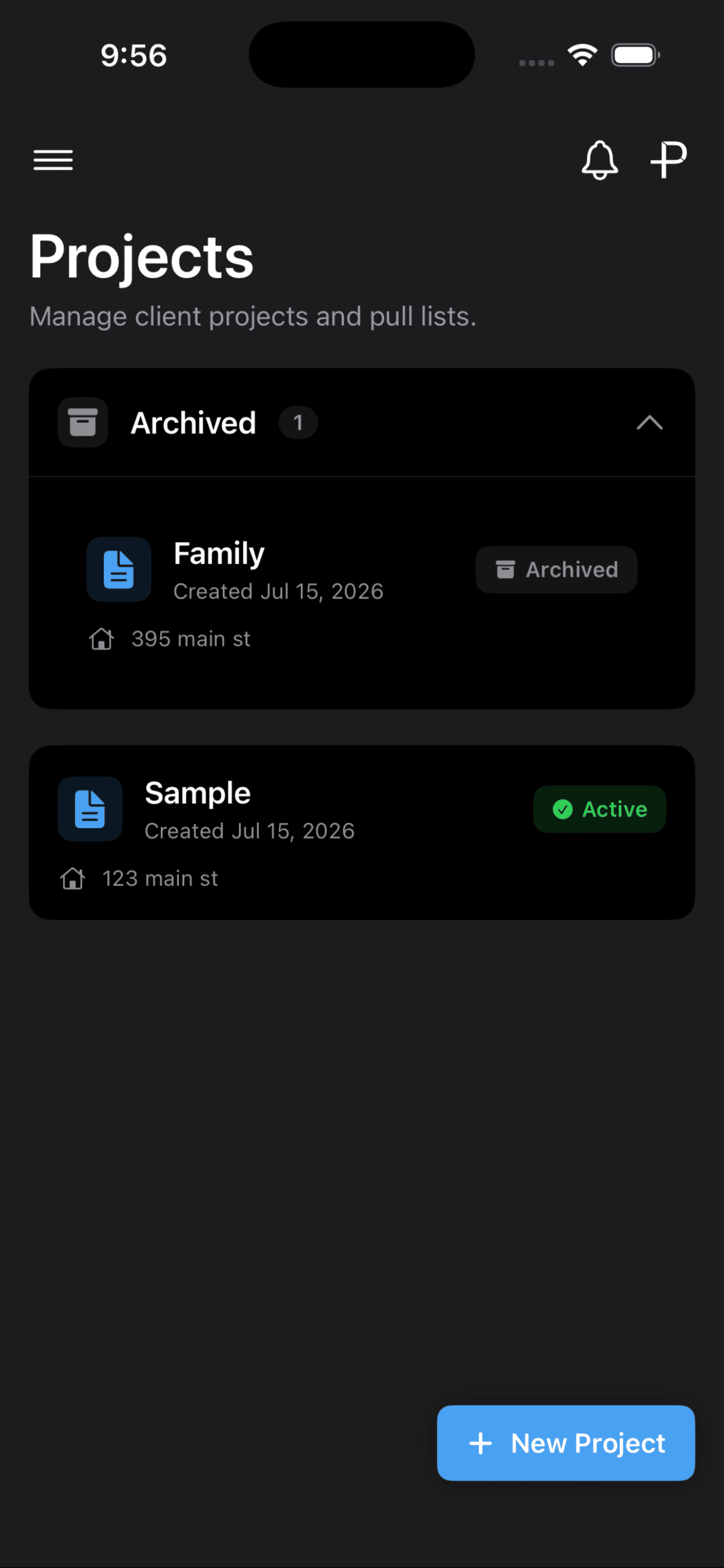 Projects screen